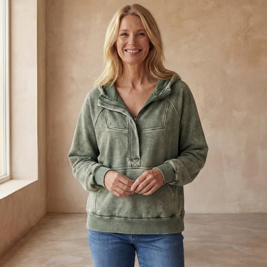 NALAS - Zip Henley Acid Wash Fleece Hoodie